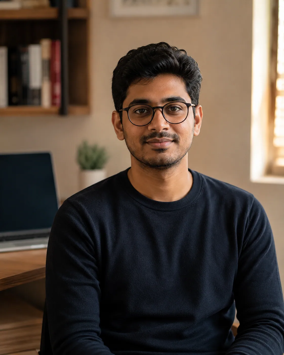 The Build Space instructor, an AI engineer in their mid-twenties, photographed in a clean home workspace.