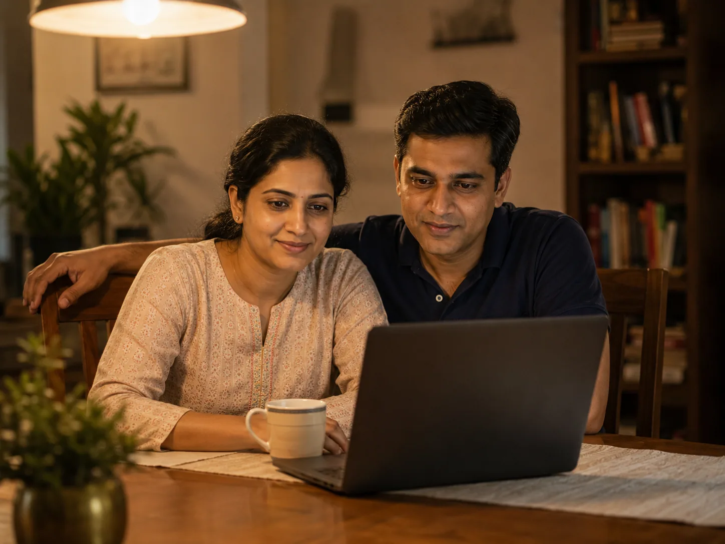 An Indian father and mother sit together at a dining table, reading a laptop screen by warm evening light.