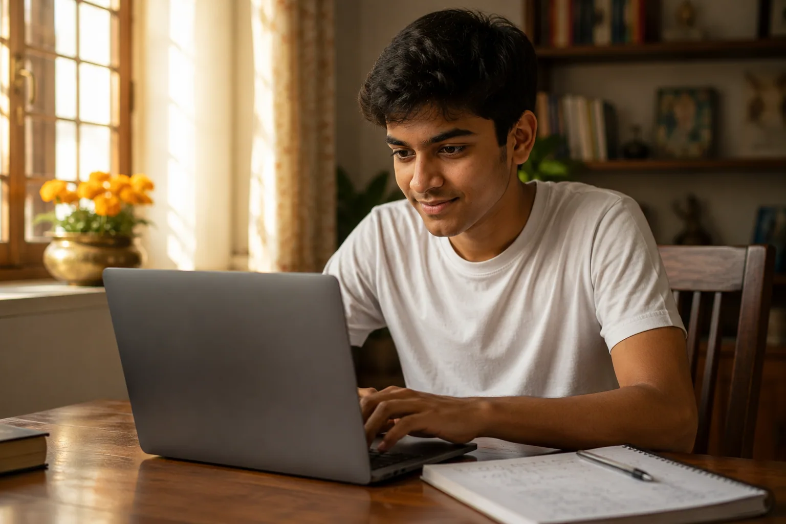 A fifteen-year-old student in a sunlit Indian home, focused on a laptop, typing the first lines of an AI agent.
